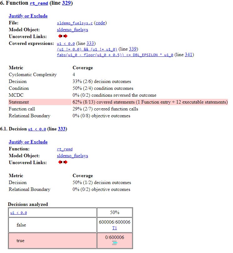 Details section of the code coverage report for the function rt_remd (line 329) showing 50% decision coverage in the decisions analyzed table.