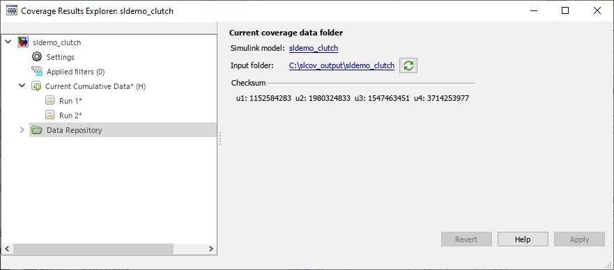 Default view of the Results Explorer with "Data Repository" selected. On the right, the Simulink model and Input folder are displayed, as well as a Checksum for the current data.