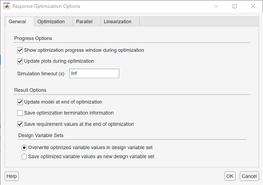 Response Optimizer Options dialog box, showing the General tab. The dialog box also includes Optimization, Parallel, and Linearization tabs.