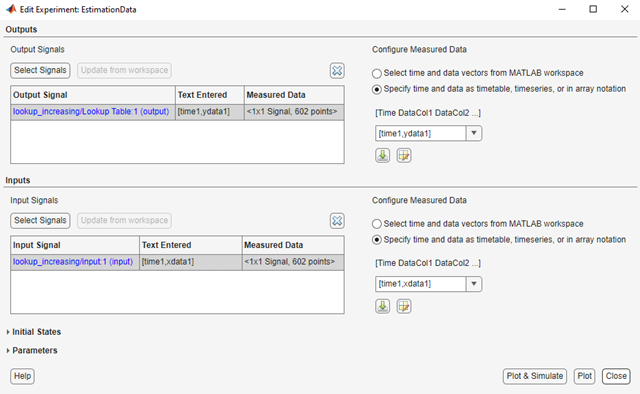 Edit Experiment dialog box with Outputs, Inputs, Initial States, and Parameters sections