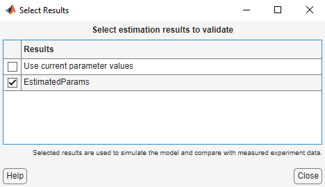 Select Results dialog box with EstimatedParams selected