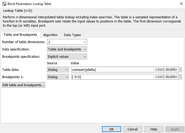 Lookup Table block parameters dialog box