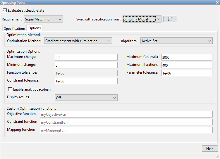 The Options tab in the Operating Point dialog box containing Optimization Method, Optimization Options, and Custom Optimization Functions