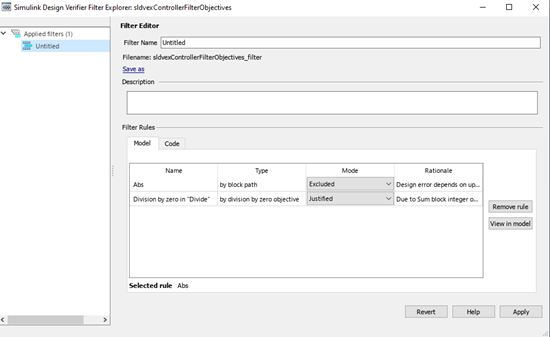 Simulink Design Verifier Filter Explorer window showing the Filter Editor on right pane.