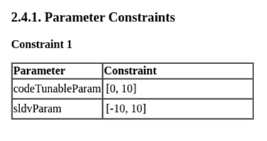 Parameter constraints in Simulink Design Verifier analysis report.