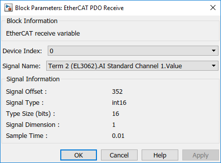 Use the EtherCAT PDO Receive block parameters dialog box to configure the block.