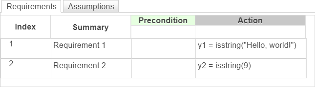 This image shows two requirements that check if an input is a string. Each requirement has a different input value.