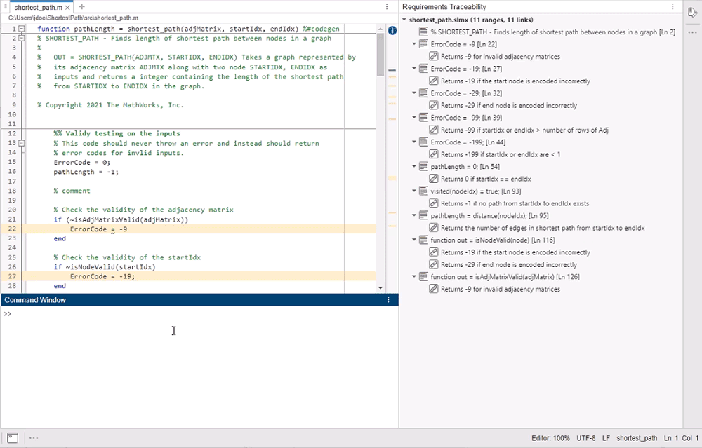 A looping GIF selects an item with the link destination icon, then opens the link destination by clicking the Show in document button.