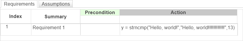 This example shows a requirement that checks if the string "Hello, world!" matches the first 13 characters of the string "Hello, world!!!!!!!!!!!!".