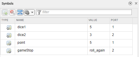 This image shows an example of the data values in the Symbols pane when the debugger pauses at a breakpoint.