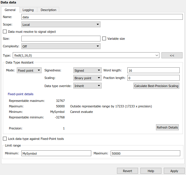 This image shows the fixed-point details for data named data with two issues.