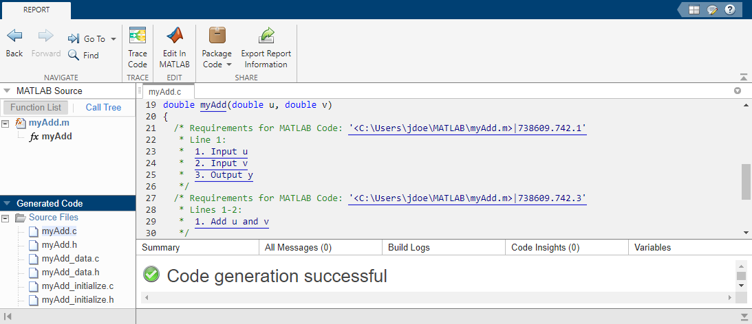 myAdd.c in the code generation report, which includes 2 requirement comments and 4 linked requirement summaries.