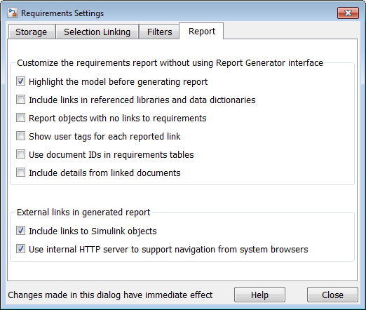 Requirement Settings dialog box. The Report tab is selected.