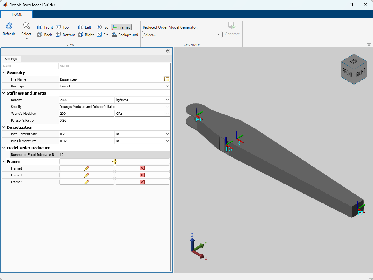 Flexible body model builder generates reduced order model data for dipper arm