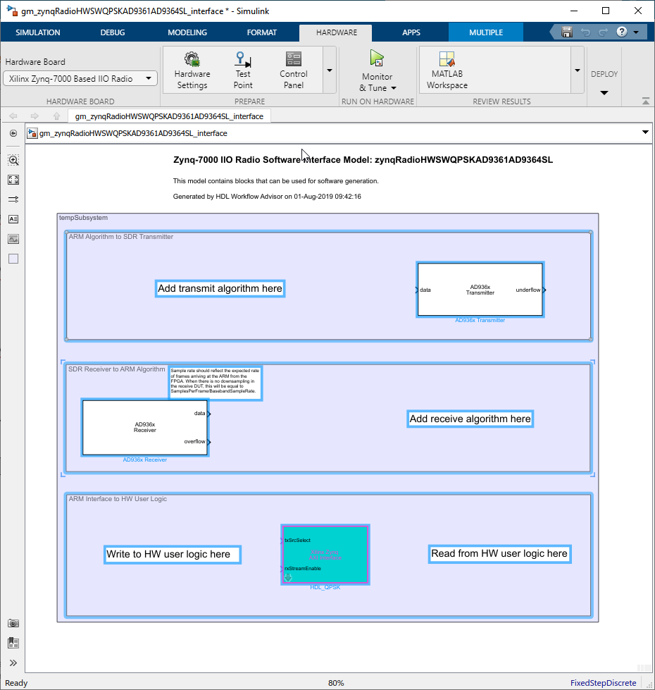 Simulink window with software interface model from QPSK example