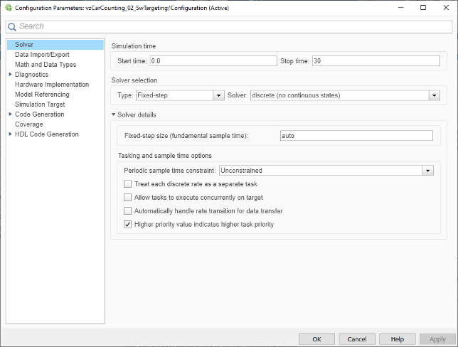 Configuration Parameters dialog box, showing the Solver pane