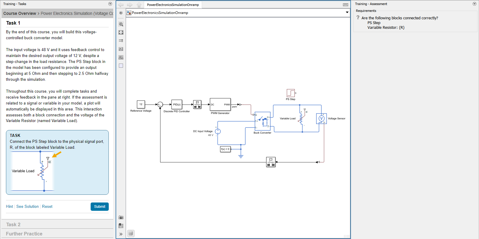 Power Electronics Simulation Onramp describes the task, displays an interactive model, and assesses whether the model matches the requirements set by the training.