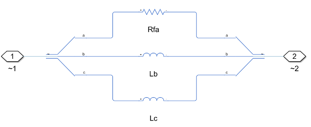 Equivalent circuit of faulted three-phase inductor branch. Top resistor is labeled Rfa, middle inductor is labeled Lb, bottom inductor is labeled Lc.