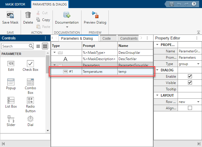 Temperature parameter added to the mask dialog.