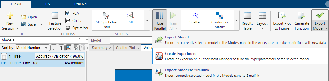 Export Model toolstrip options in the Classification Learner app. The Create Experiment option is highlighted.
