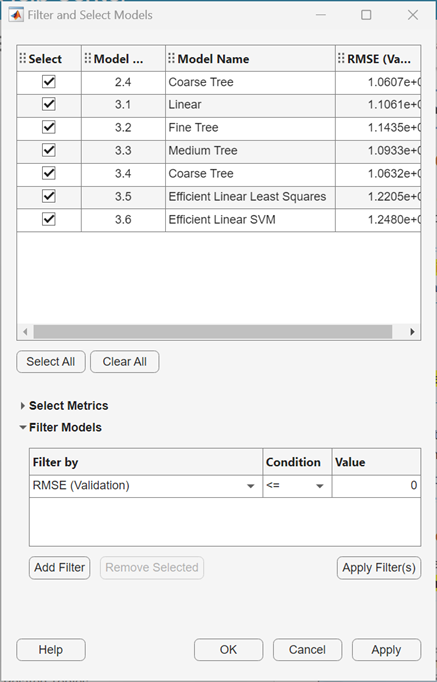 Filter and Select Models dialog box