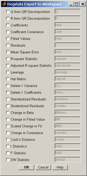 Regstats Export to Workspace window. The window displays a list of diagnostic statistics beside check the boxes. OK, Cancel, and Help buttons are located below the list.