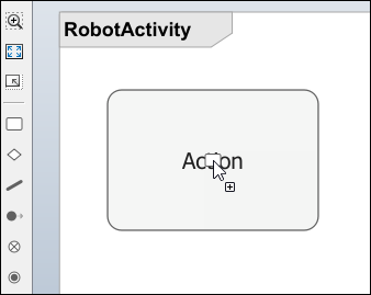 A cursor shows an action node that was dragged from the left side palette to the activity diagram canvas.