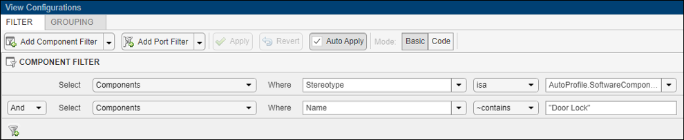 The view configurations filter query display with two component filters.