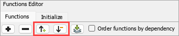 The up and down arrows in the Functions Editor are highlighted in a red box.