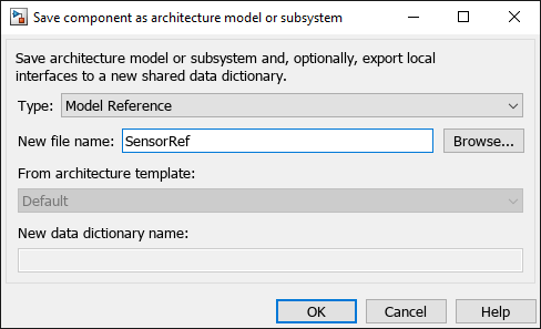 Save component as architecture model or subsystem dialog with new model name SensorRef.