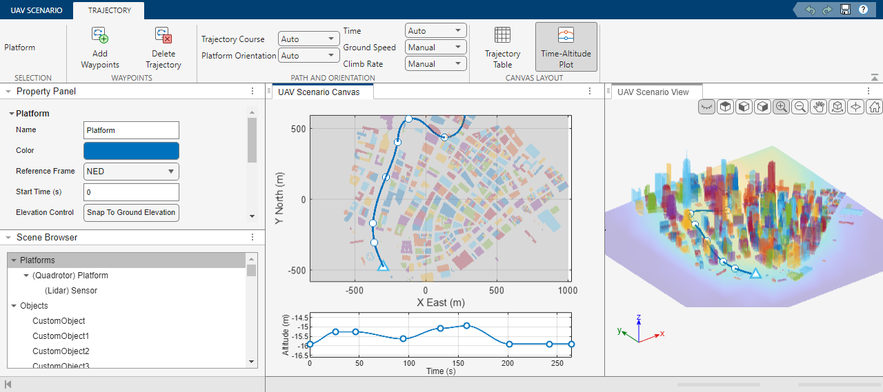 UAV Scenario Designer app preview showing the property panel, scenario canvas, and scenario view