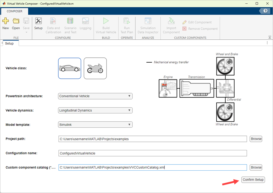 Virtual Vehicle Composer app Setup pane