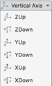Vertical axis options of ZUp, ZDown, YUp, YDown, XUp, and XDown