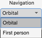 Camera navigation control menu of Orbital or First person.