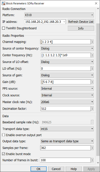 SDRu receiver block with multiple channel configurations