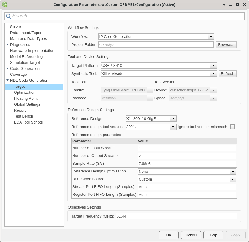 HDL Code Generation > Target panel in the Configuration Parameters window