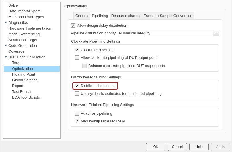 HDL Code Generation > Optimization panel in the Configuration Parameters window