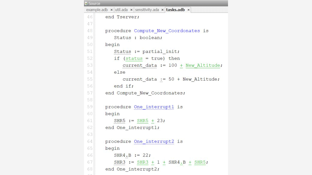 Polyspace Client for Ada uses multiple colors to identify Ada statements that have been statically checked. 