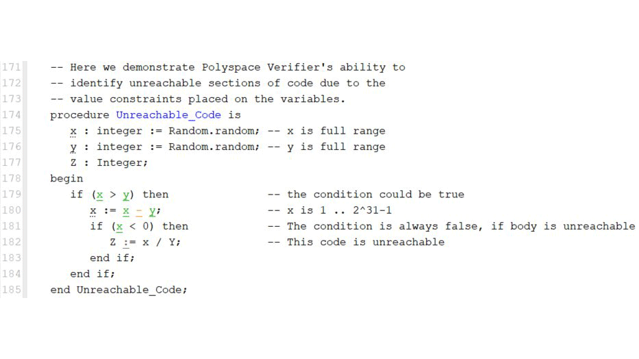 Polyspace Client for Ada displays unreachable code in gray color within the source code. 