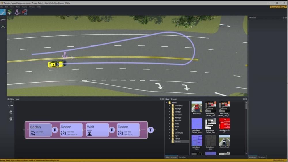 A vehicle with custom path and logic in RoadRunner Scenario.