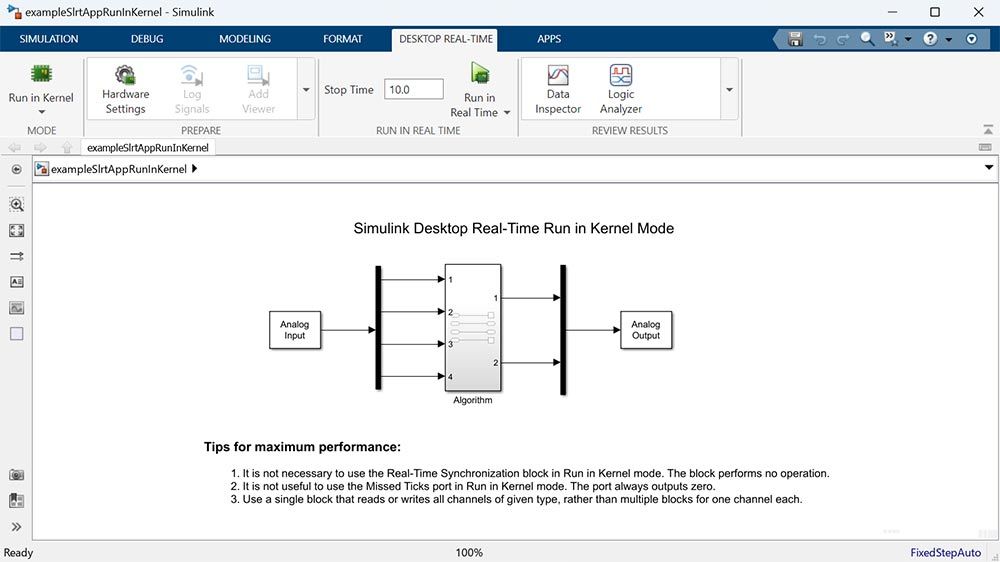 Simulink model for real-time desktop simulation with inputs and outputs.