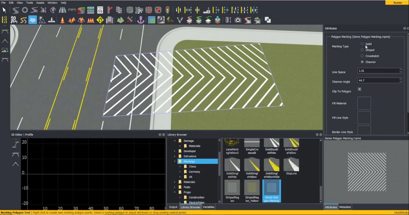 Learn how to create and edit marking polygons in RoadRunner interactive editing software.