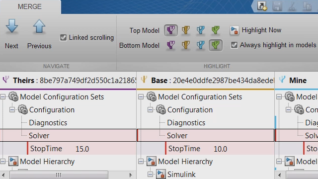 Resolve conflicts between revisions and ancestor models using Simulink Projects.